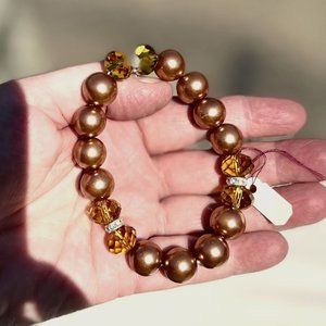 Handmade Bracelet Stretch Copper Pearl Crystal Rhinestone Bohemian Hand Beaded